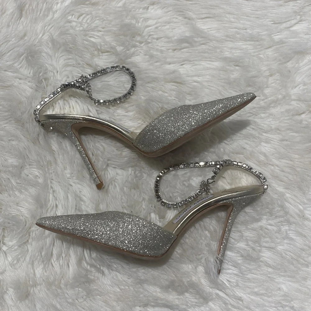 New Jimmy Choo Saeda 100 Platinum Ice‎ dusty glitter pumps size 38EU